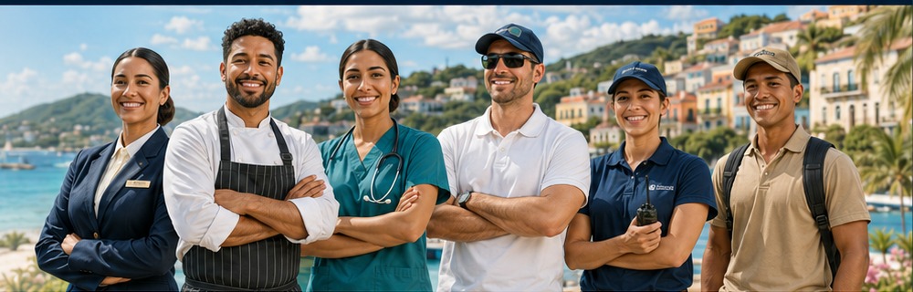 A diverse group of hospitality, food service, healthcare, marine, and seasonal workers in an island setting